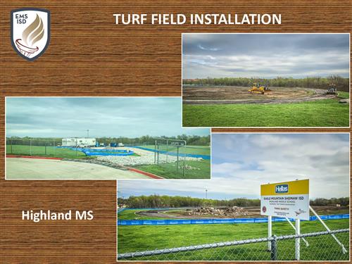 Turf field installation. Three photos of Highland Middle School. 